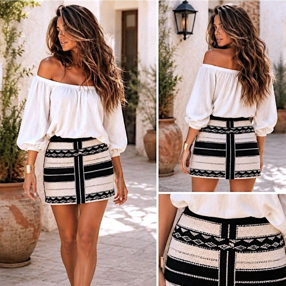 Madewell 2 Aztec Mini Skirt Ivory Southwestern Jacquard Leather Coastal Cowgirl